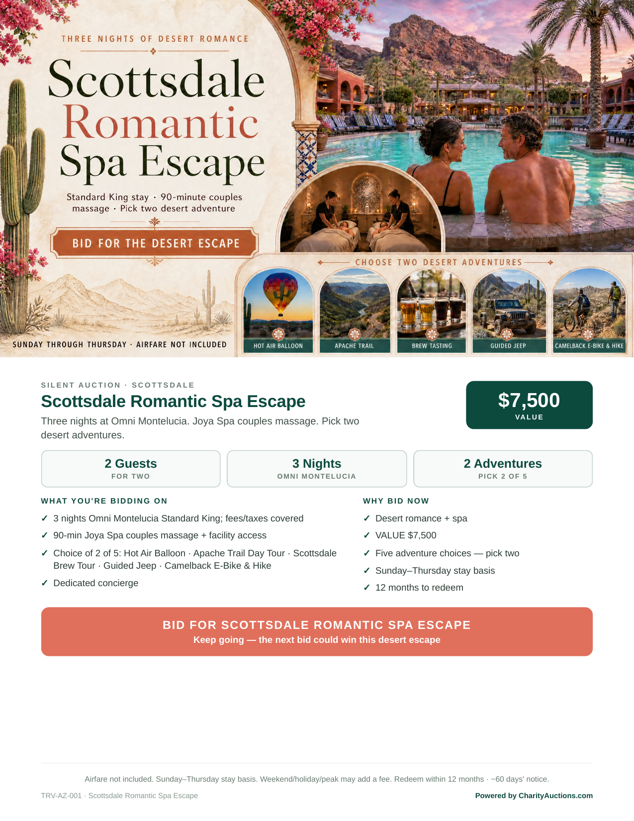Scottsdale Romantic Spa Escape Display Sheet: three nights at Omni Montelucia, Joya Spa couples massage, choice of two desert adventures.