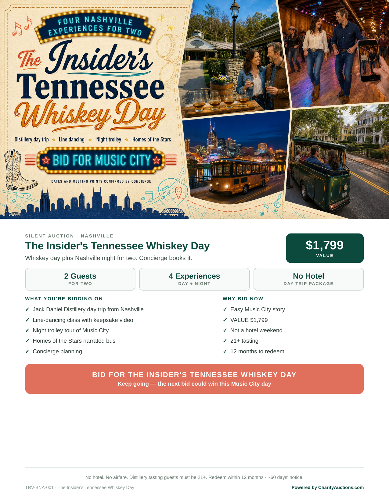 The Insider's Tennessee Whiskey Day Display Sheet for two: Jack Daniel day trip, line dancing, night trolley, Homes of the Stars. Hotel not included.