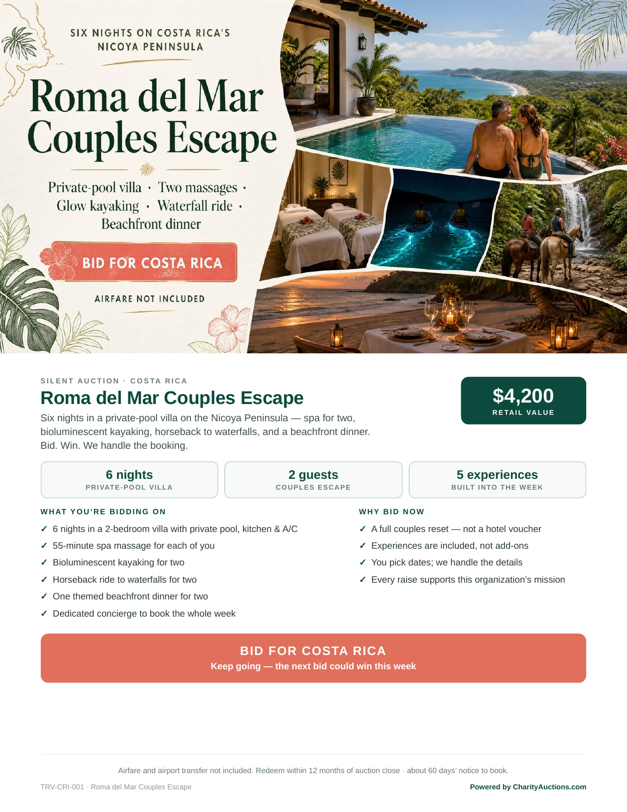 Roma del Mar Couples Escape Display Sheet for two: six-night villa, spa, bioluminescent kayaking, horseback to waterfalls, beachfront dinner.