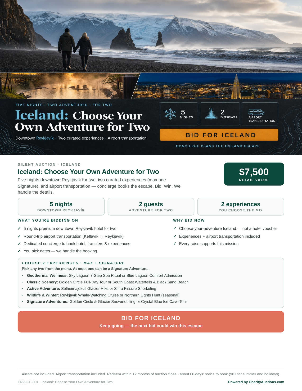 Iceland Choose Your Own Adventure Display Sheet for two: five nights in Reykjavík, airport transfers, two experiences.
