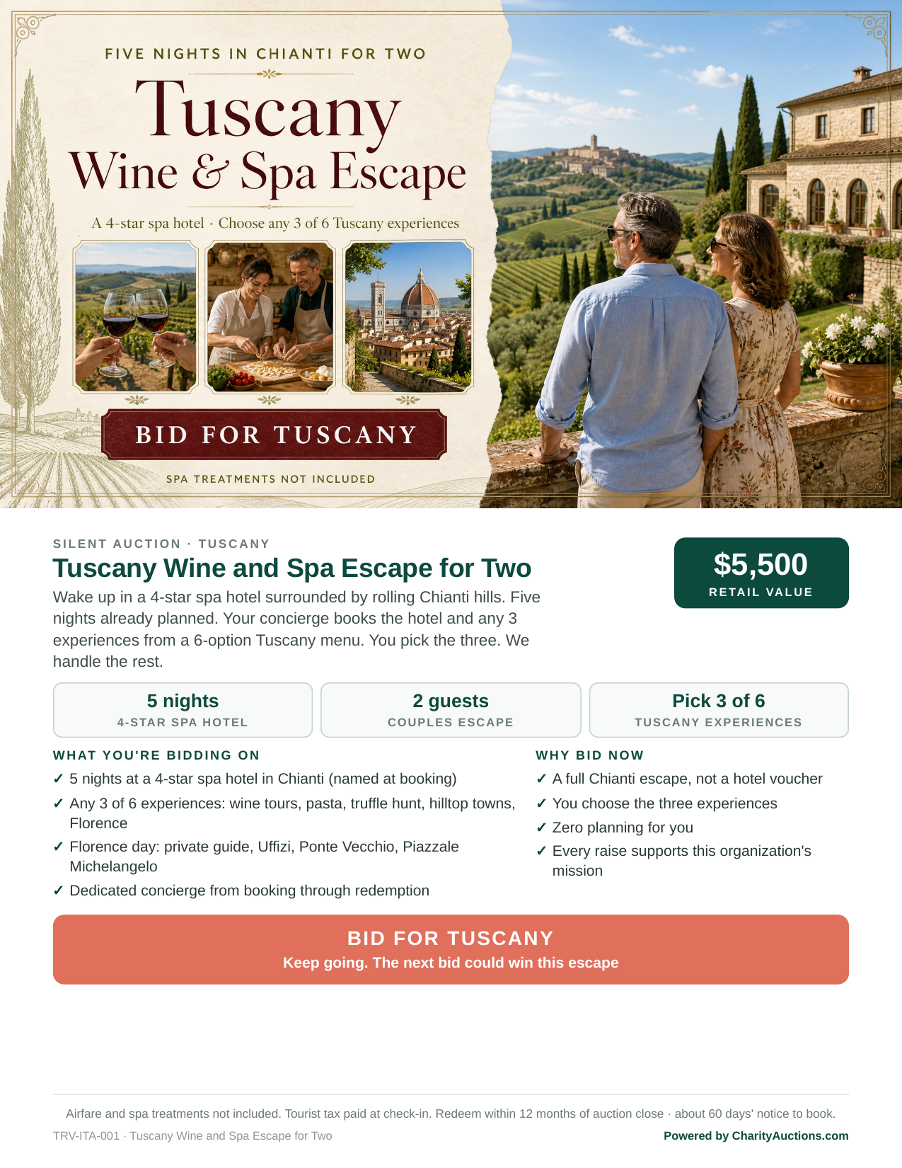 Tuscany Wine and Spa Escape Display Sheet for two: five nights in Chianti, pick any 3 of 6 experiences.