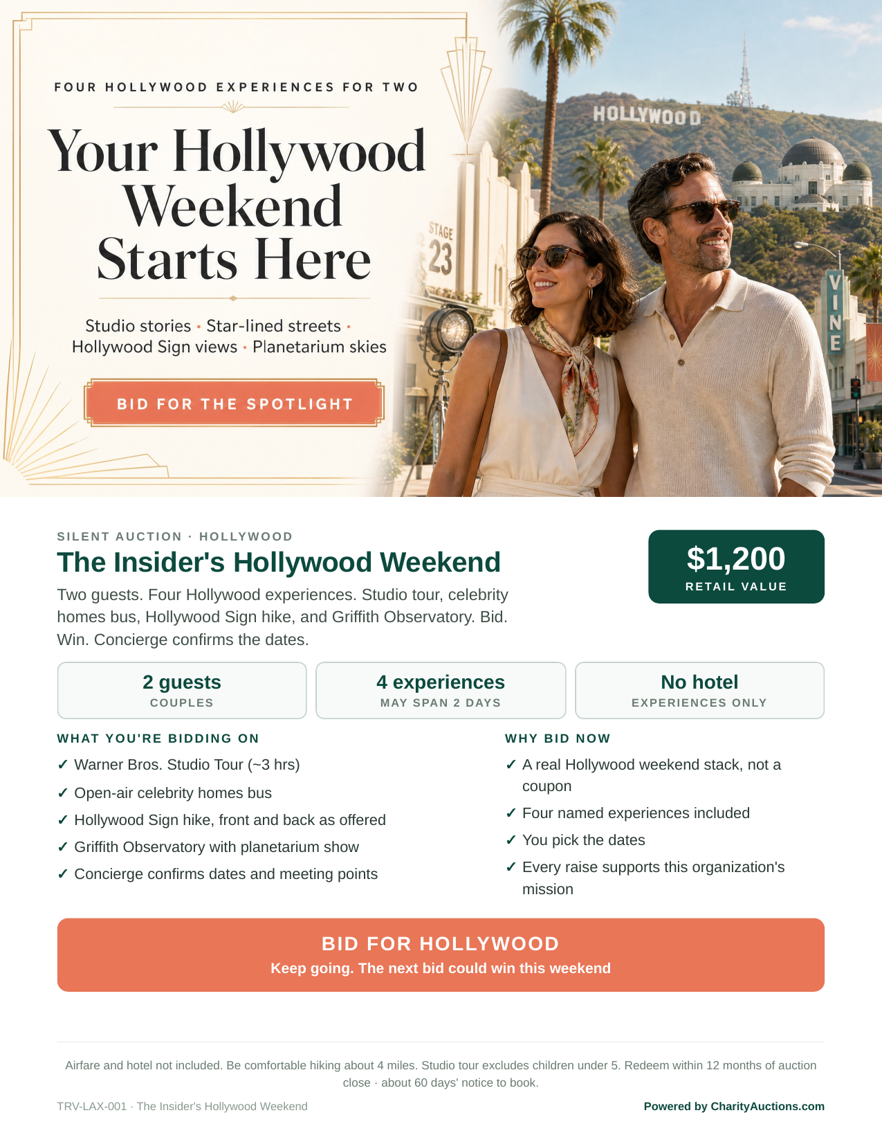 The Insider's Hollywood Weekend Display Sheet for two: Warner Bros. Studio Tour, celebrity homes bus, Hollywood Sign hike, Griffith Observatory. Hotel not included.