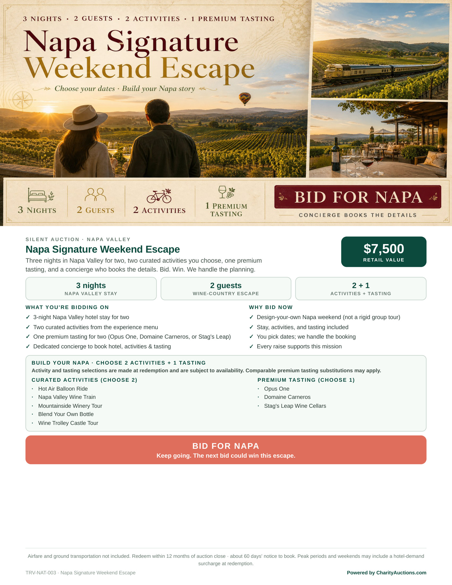 Napa Signature Weekend Escape Display Sheet for two: three nights, two activities, one premium tasting.