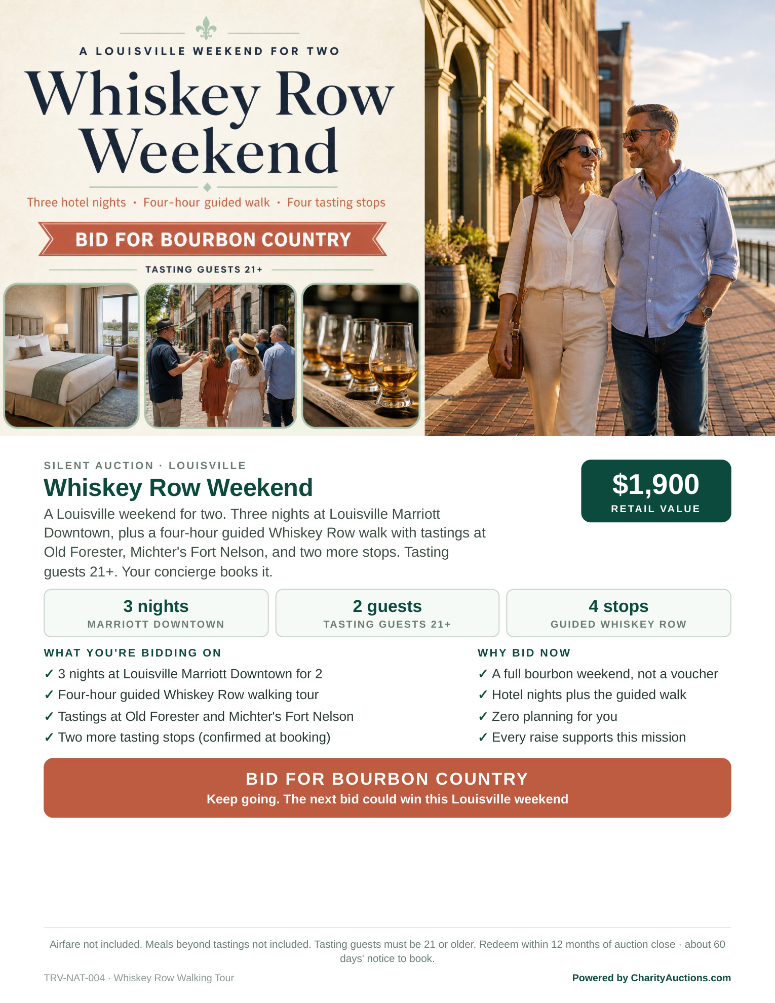 Whiskey Row Weekend Display Sheet for two: three nights at Louisville Marriott Downtown, four-hour guided walk, four tasting stops.