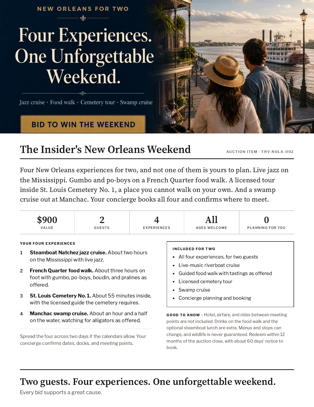 The Insider's New Orleans Weekend Display Sheet for two: jazz cruise, French Quarter food walk, cemetery tour, swamp cruise. All ages. Hotel not included.