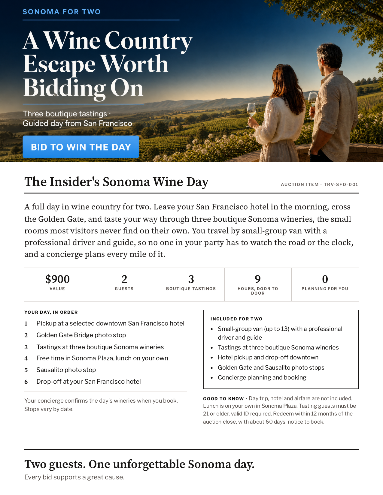 The Insider's Sonoma Wine Day Display Sheet for two: San Francisco day trip, three boutique tastings, hotel pickup. Hotel not included.