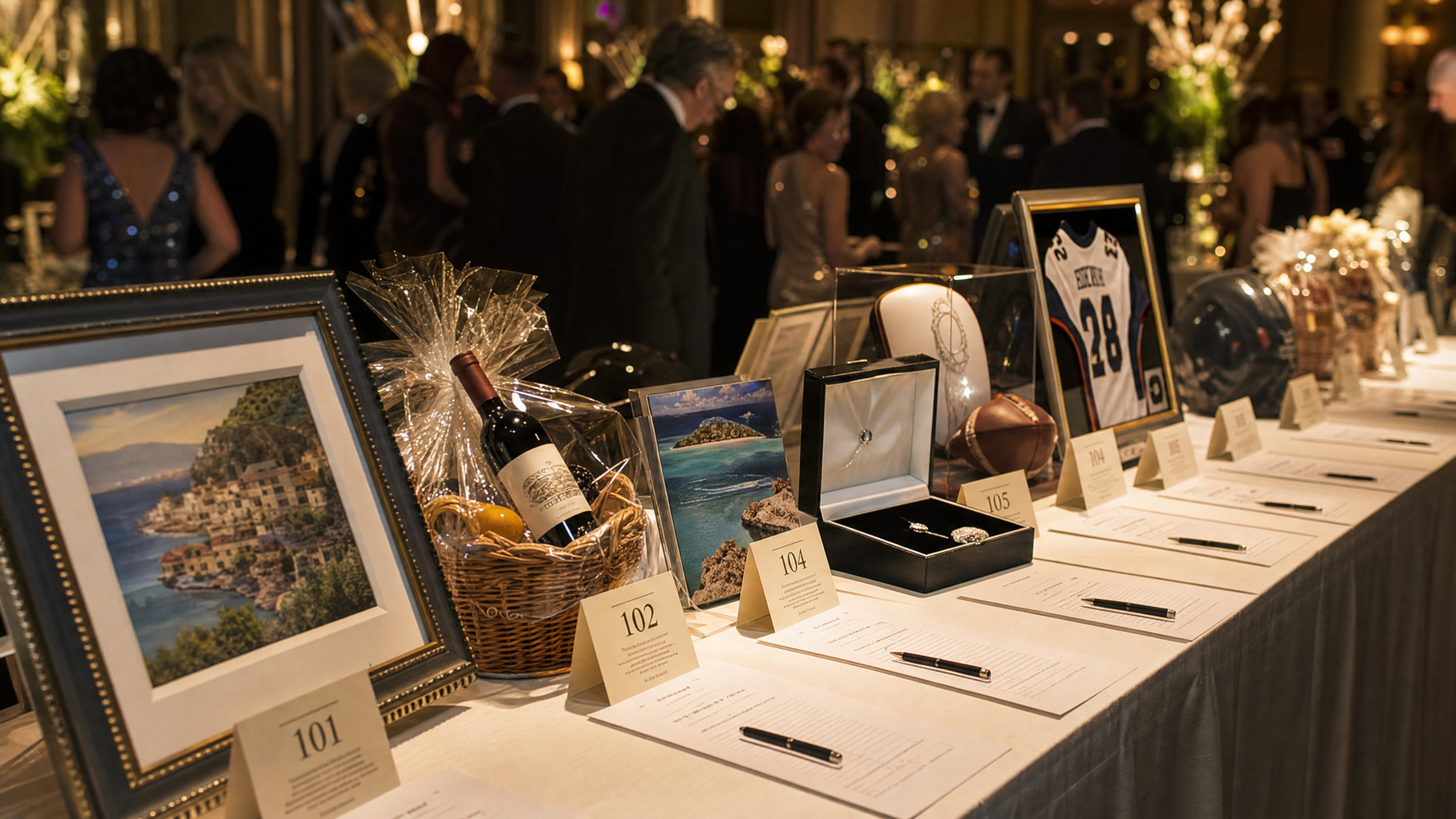 Silent auction items on display tables at a gala
