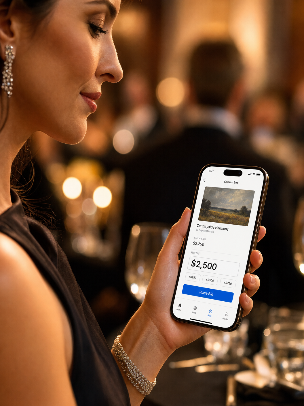 Guest placing a bid on a phone at a gala