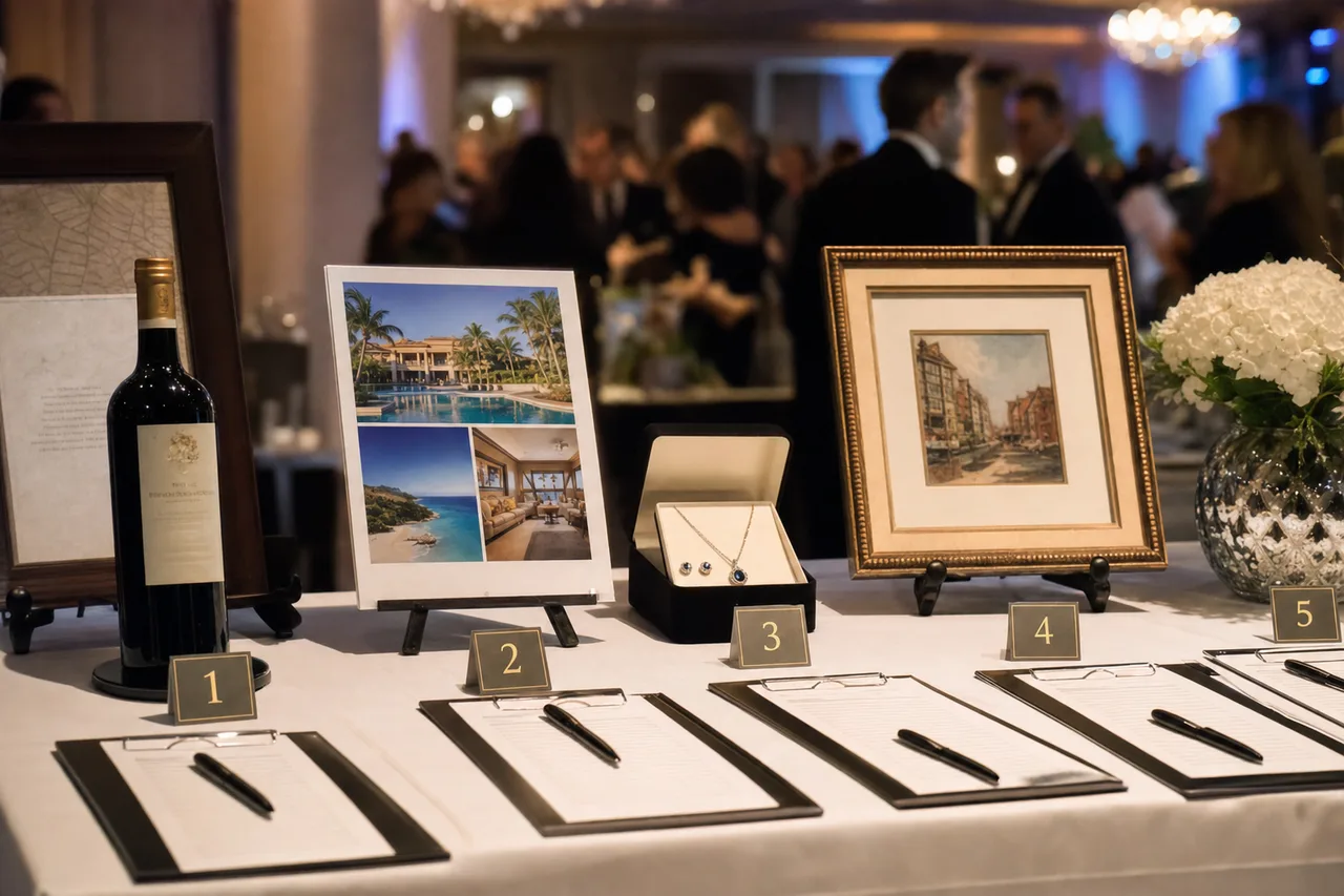 Luxury silent auction items on display