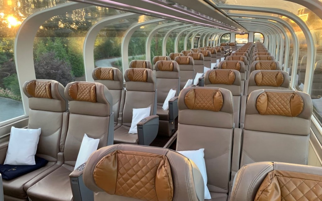 GoldLeaf glass-dome coach interior with panoramic views