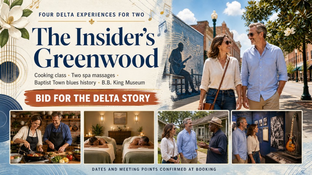 The Insider's Greenwood hero for two: cooking class, spa, Baptist Town tour, B.B. King Museum. Hotel not included.