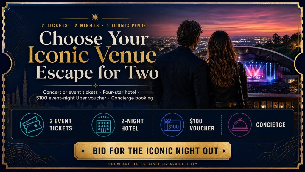 Iconic Venues Concert and Event Experience hero for two: winner picks the venue, two-night hotel, $100 Uber.