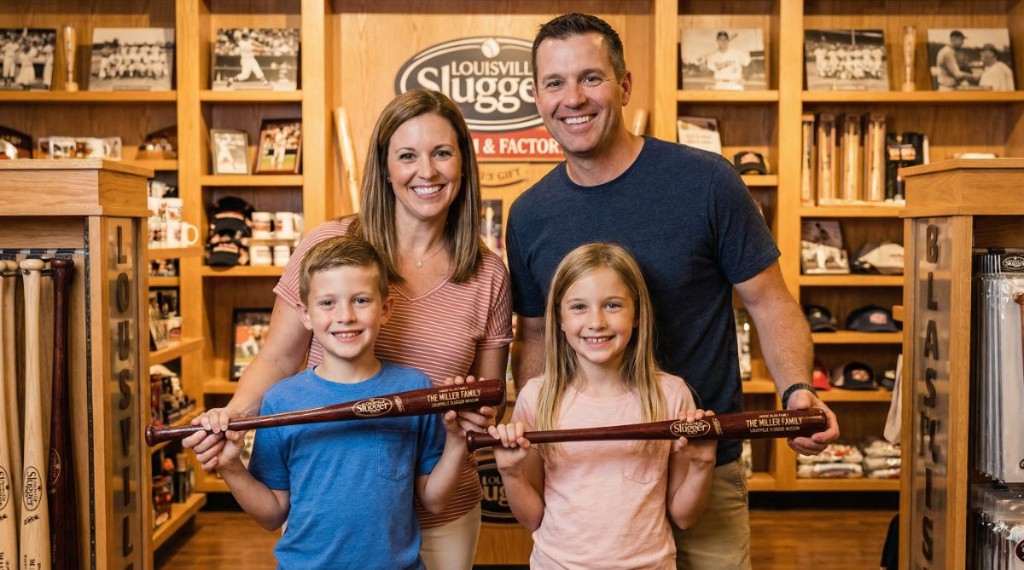 Family with personalized Louisville Slugger mini bats
