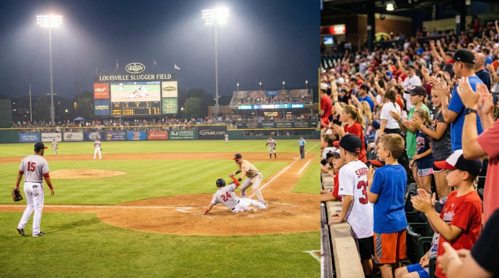 Baseball game at Louisville Slugger Field with family crowd
