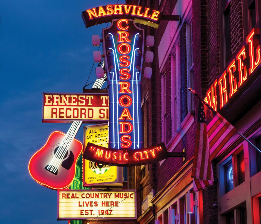 Nashville neon signs including Nashville Crossroads Music City