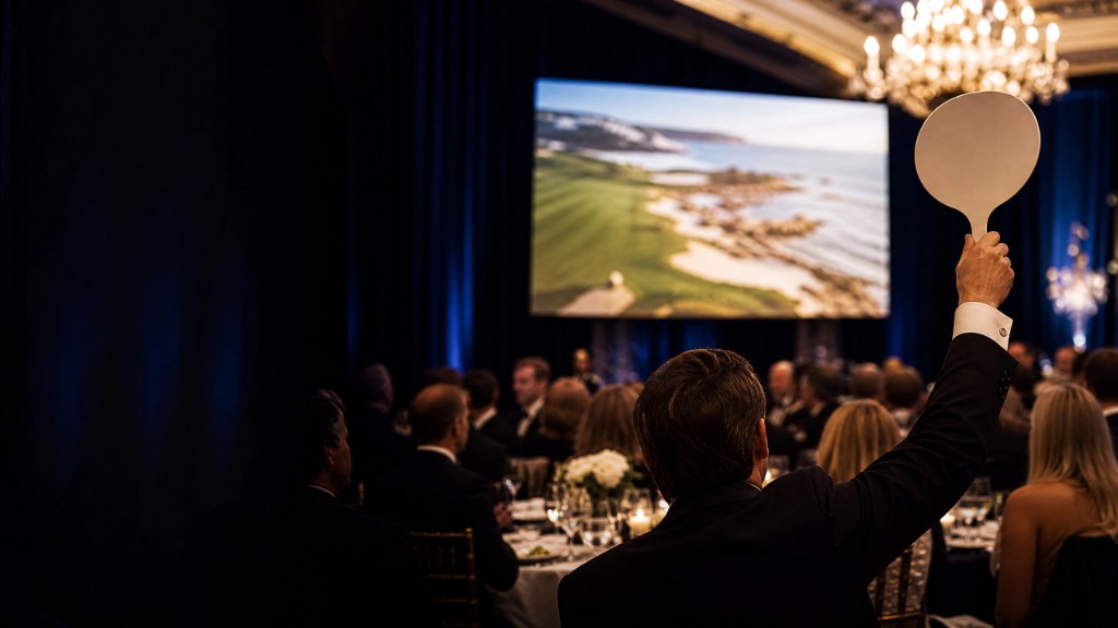 Bidder raising a paddle at a gala while a coastal golf course shows on screen