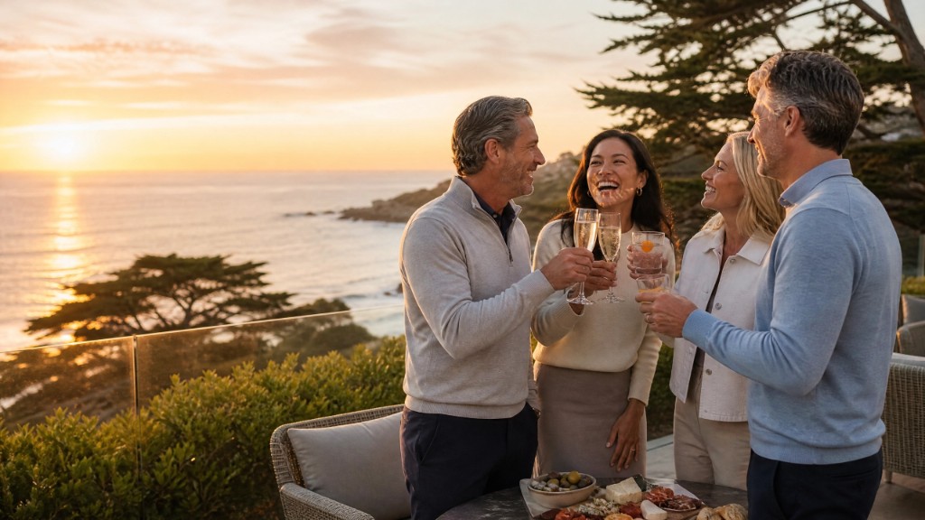 Four guests toasting on a coastal balcony at sunset