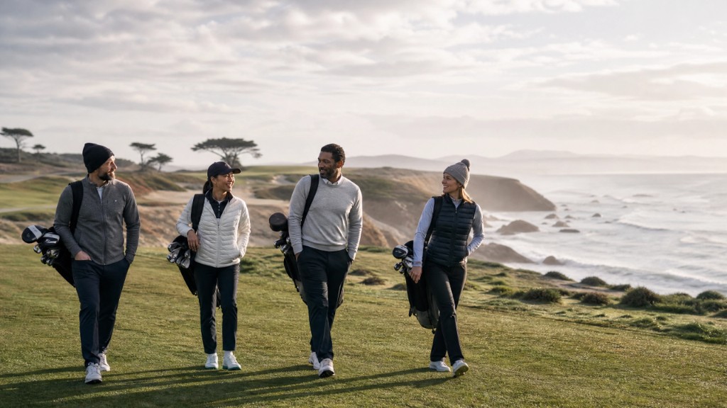 Four golfers walking a coastal course with ocean cliffs behind them