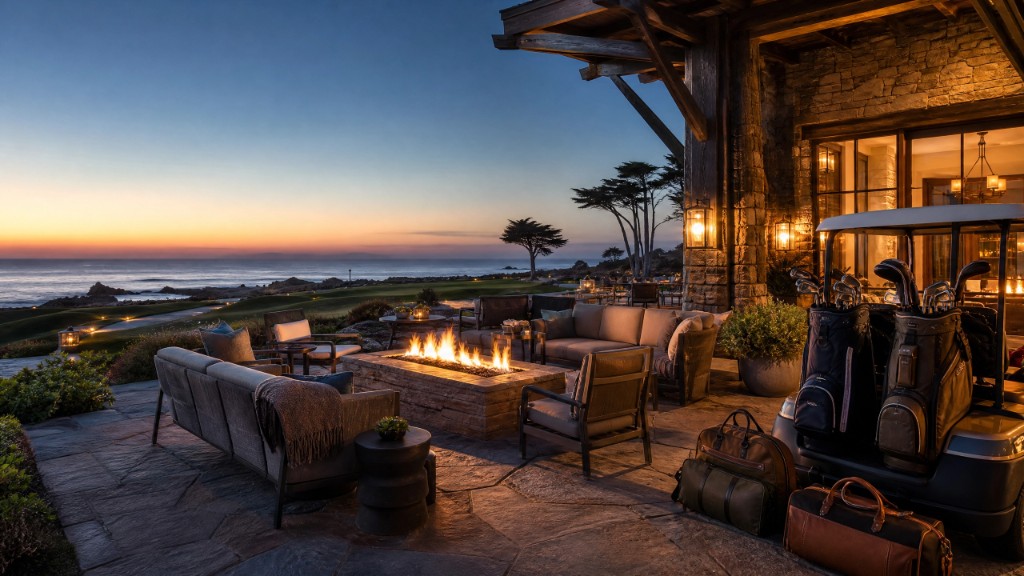 Resort terrace fire pit overlooking a coastal golf course at sunset