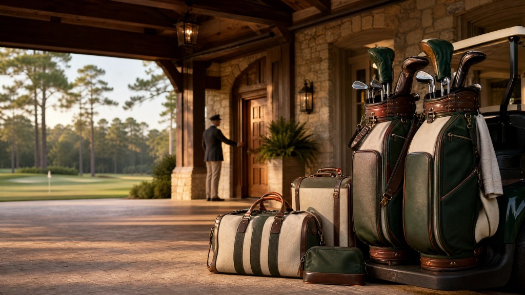 Golf bags and luggage at a luxury clubhouse entrance overlooking the course
