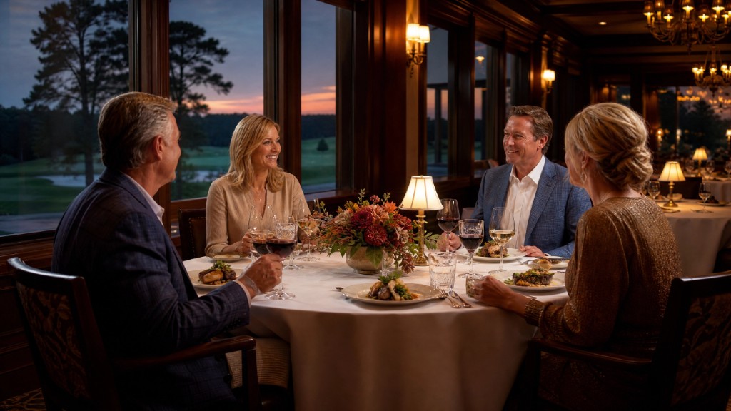 Four guests enjoying fine dining with a golf course view at dusk