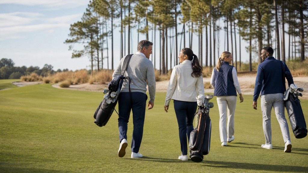 Four golfers walking a pine-lined fairway with golf bags