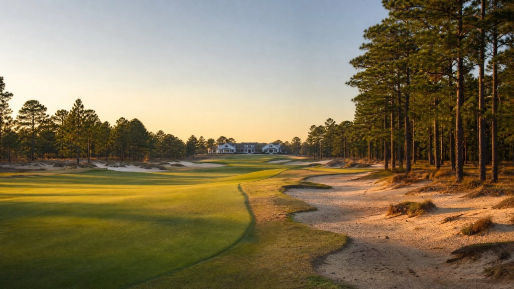 Championship golf fairway lined with pine trees at golden hour