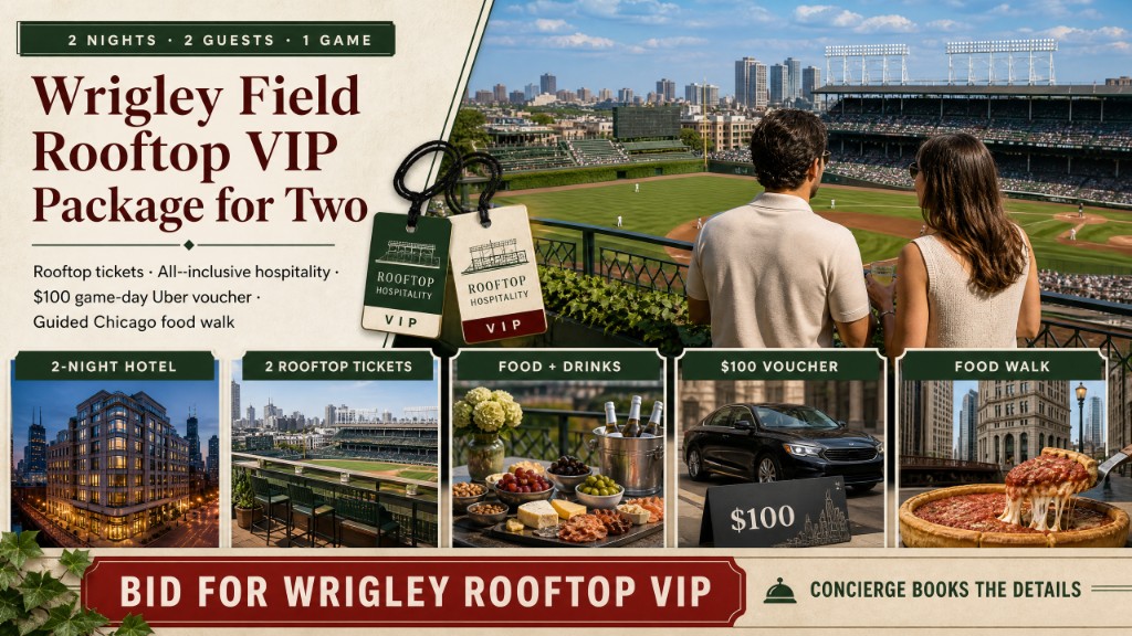 Ultimate Chicago Weekend hero for two: two-night hotel, Wrigley rooftop, $100 Uber, and a Loop pizza walk.